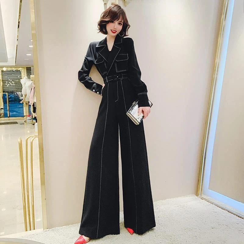 

2023 High Quality Autumn Spring Newest Women Bodysuits High Waist Wide Leg Slimming Jumpsuit Stripe Temperamental Rompers C30