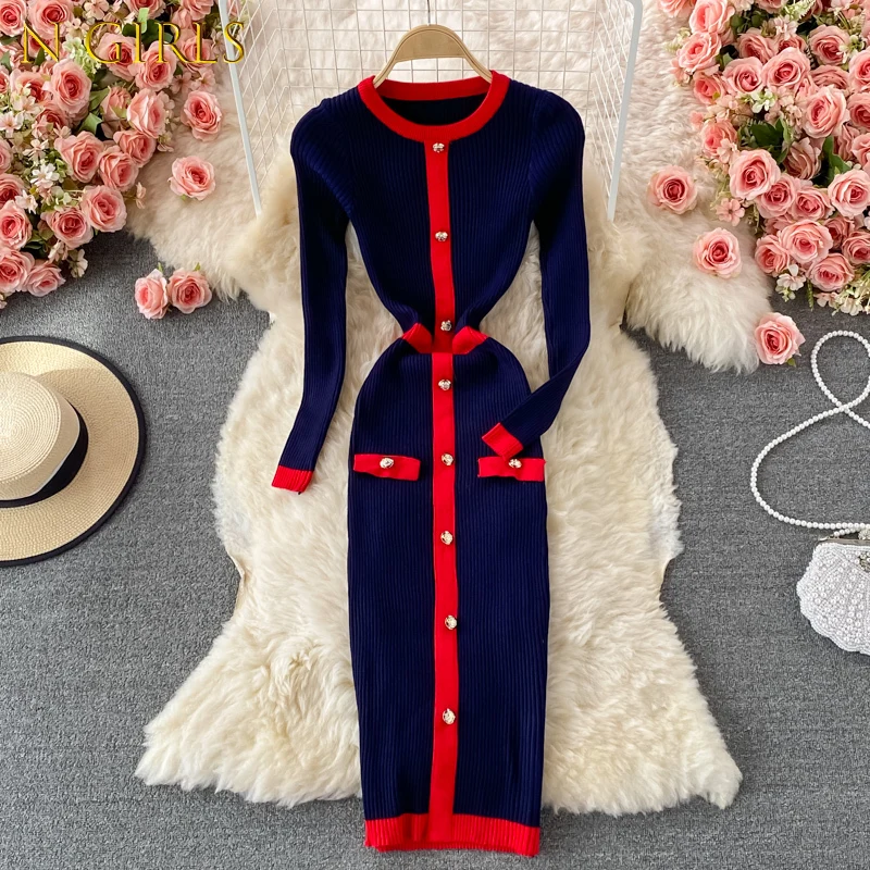 

N GIRLS2022 Ladies Grace Temperament Knitted Vestidos Mujer O-neck Bodycon Long Sleeve Female Robe Versatile Slim Hip Women