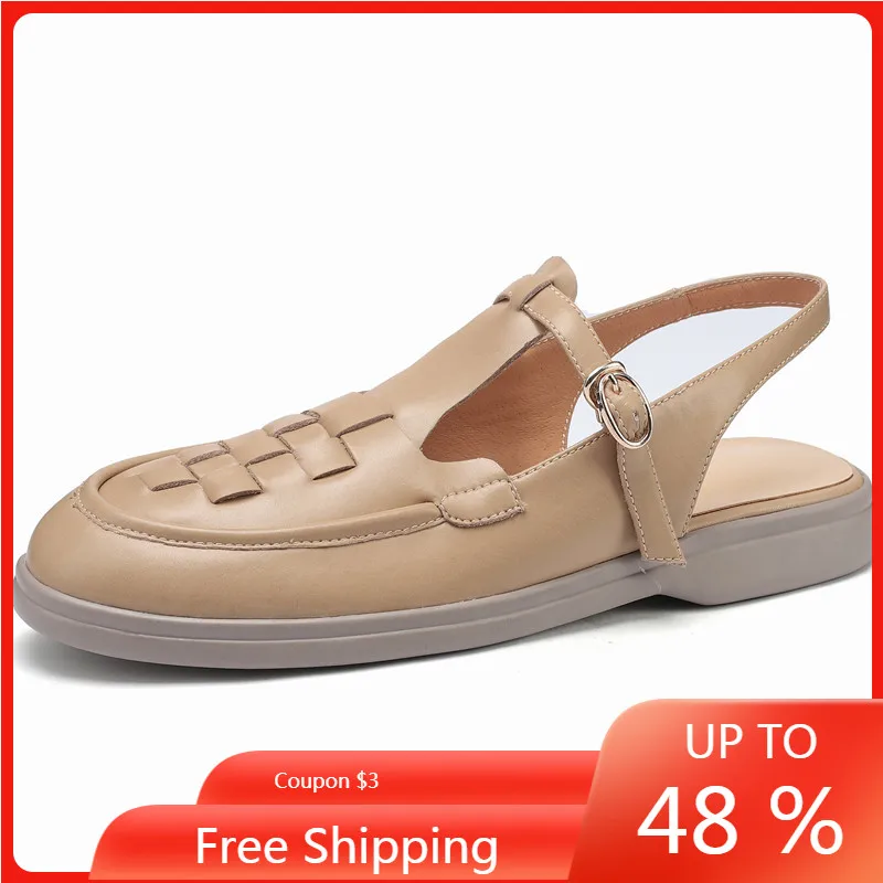 

ENMAYER Shoes 2023 New Genuine Leather Buckle Sandals Woman Ladies Gladiator Slingbacks Shoes Square Low Heels Platform Sandals
