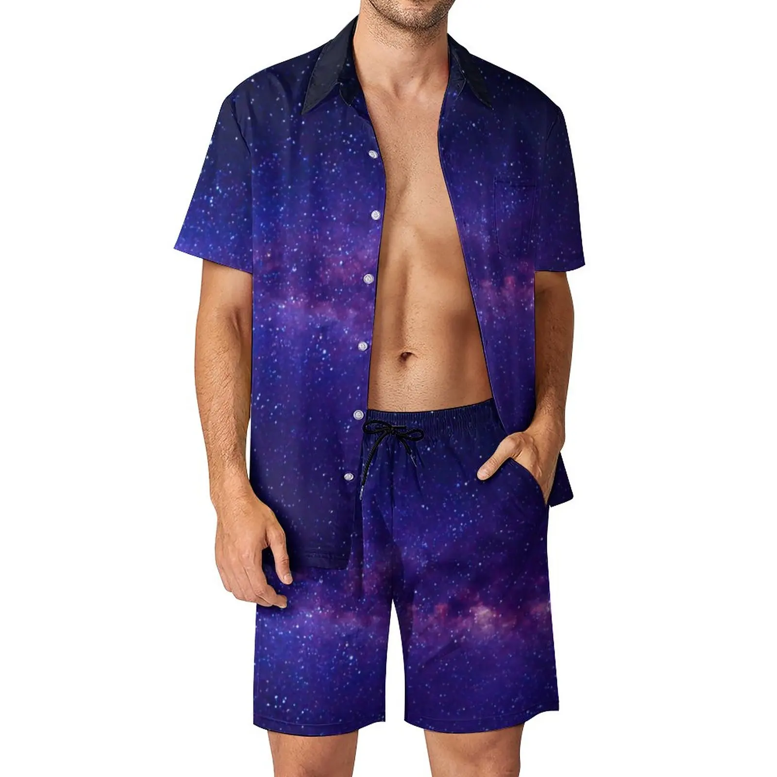 

Костюм мужской с гавайским принтом, Повседневная рубашка и шорты с коротким рукавом, фиолетовый цвет, звездная ночь, летняя уличная одежда