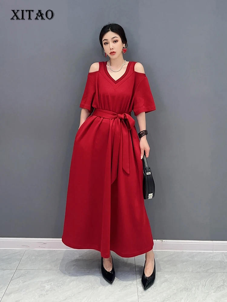 

XITAO, однотонное короткое платье с открытыми плечами для женщин, Корея, лето 2023, новое модное свободное Повседневное платье с v-образным вырезом DMJ1305