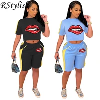 rstylish summer tracksuit lip print short sleeve loose crop tops elastic waist shorts pockets 2 piece sets womens outfits