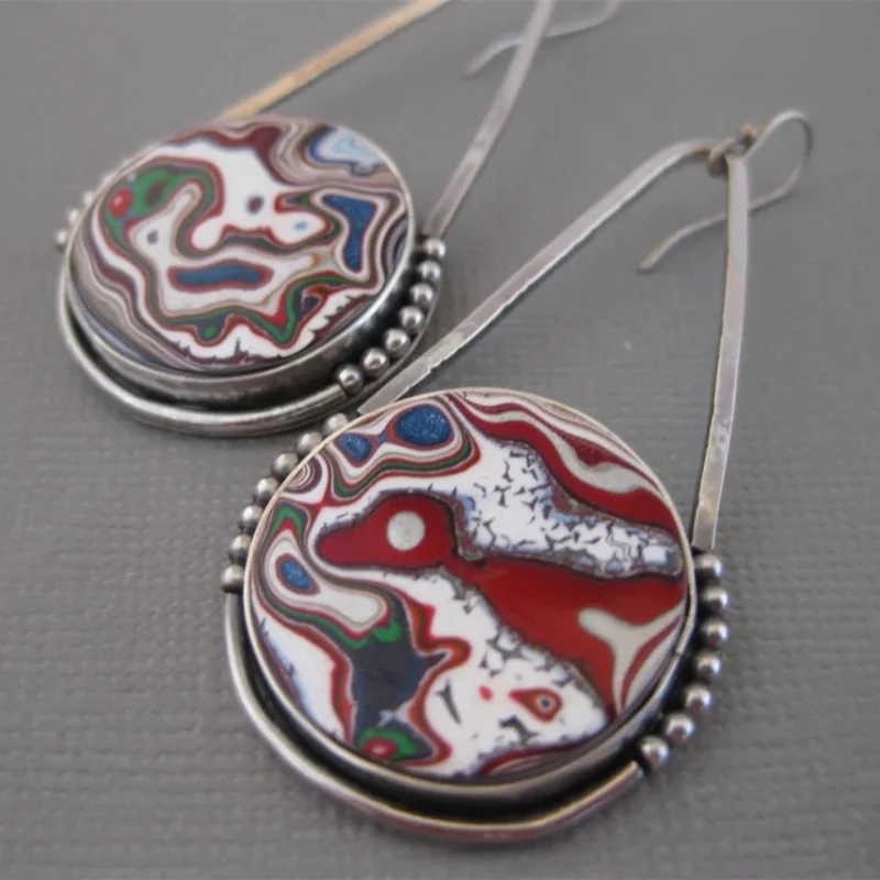 

Multicolor Round Stone Drop Earrings Silver Color Jewelry for Women Vintage Metal Artisan Hand Engraved Pattern Wedding Earrings