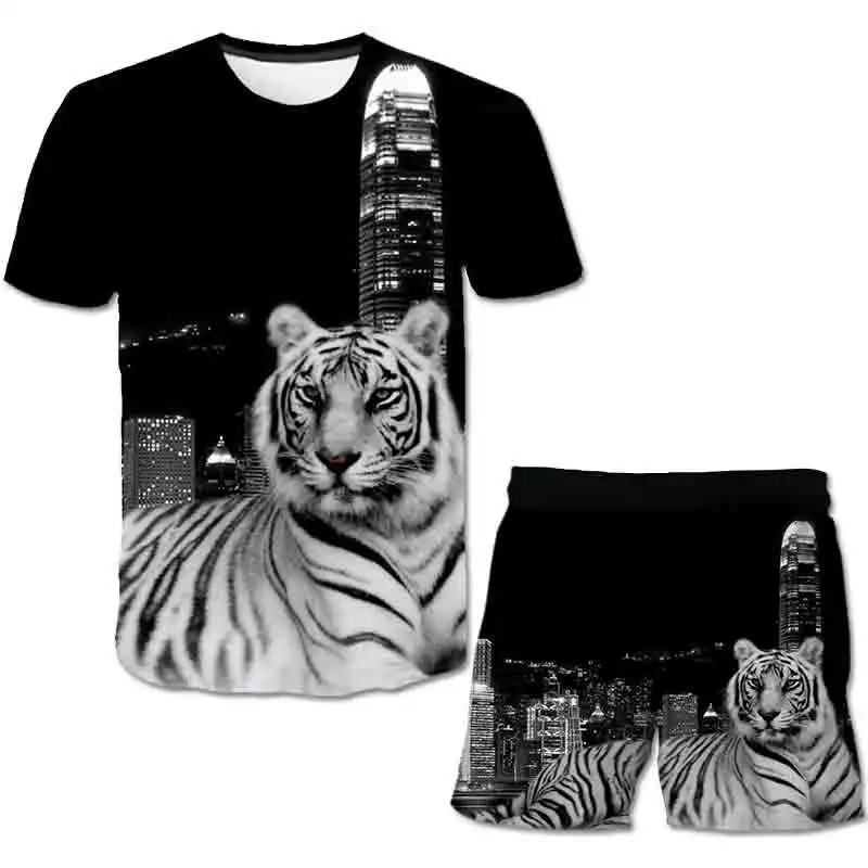

Kid's T Shirt Suit Summer New 3D Animal Tiger Print Cool Funny O Neck Short Sleeve T Shirt Suit Fashion Kids Suit 4-14T