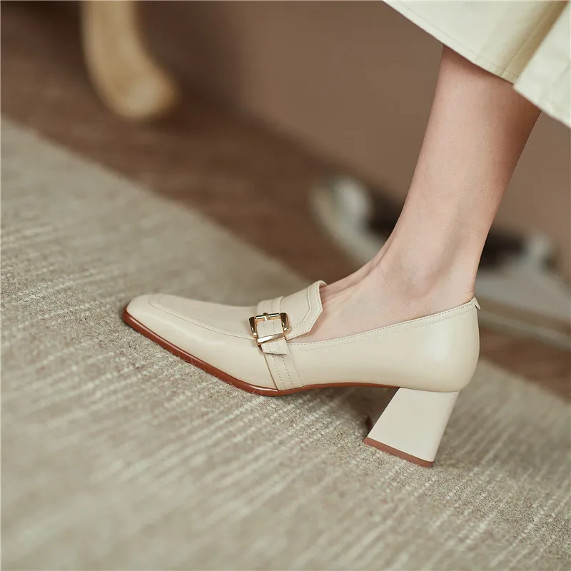 

2022 New Cow Leather Women Shoes Fashion Square Toe Slip-On Shallow Pumps Thick Heel Spring Shoes Women Zapatos De Mujer Buckle