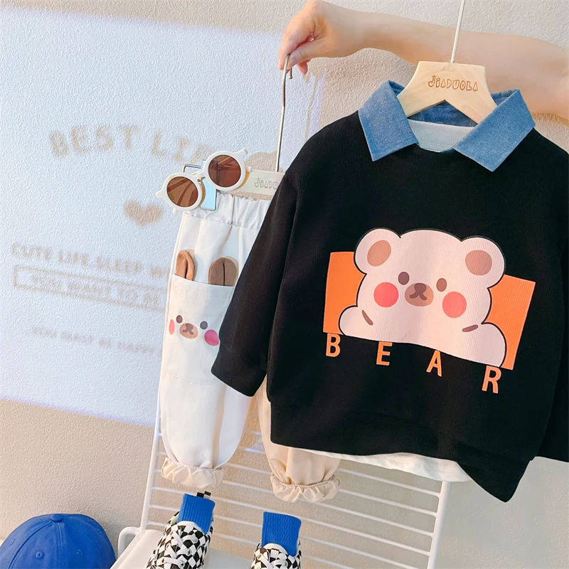 

Осенняя одежда для младенцев, комплекты детской одежды для маленьких девочек и мальчиков, футболка с длинным рукавом и мультяшным медведем, штаны, детская спортивная одежда