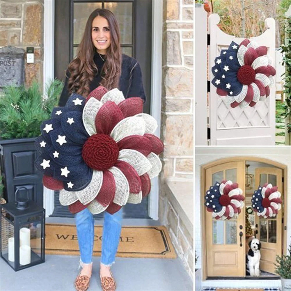 2022 July 4th Independence Day Wreath American Flag Color Stars Decoration Patriotic Veterans Day Garland Doorplate Hanging Gift