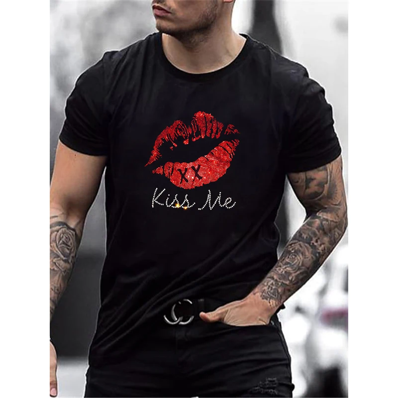 

New Mens Quality Oversized Fashion y2k Summer Tee Tops Casual Designer Red lip Rhinestone Club Short Sleeve Street O-Neck tshirt