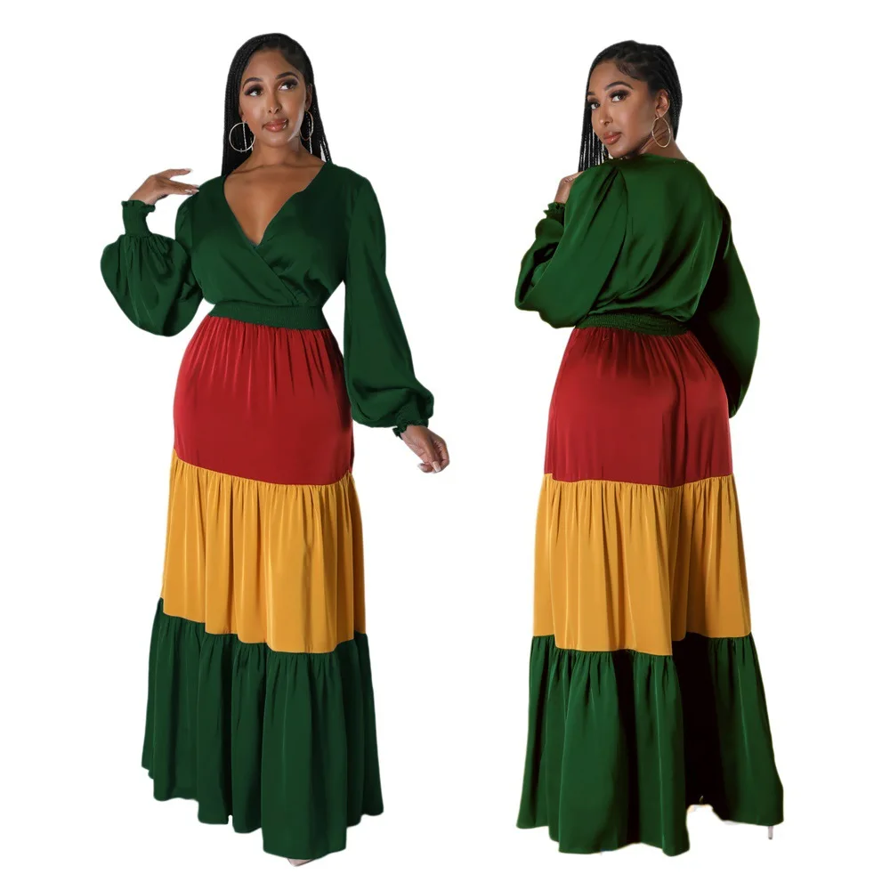 

MUDAN Autumn Winter Women Patchwork Big Swing High Waist Wrap Long Sleeve Maxi Dress Sexy Night Party Club Long Ins Dresses