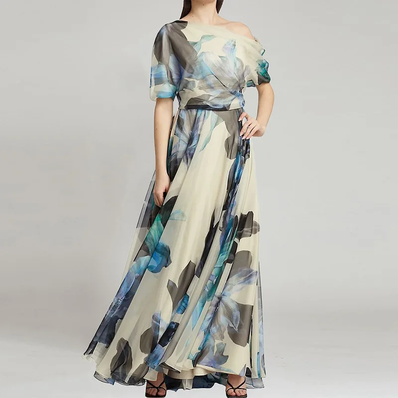 

Elegant Skew Collar Off Shoulder Hollow Boho Dress Spring Floral Print Long Pleated Party Dress Women Backless Summer Maxi Dress