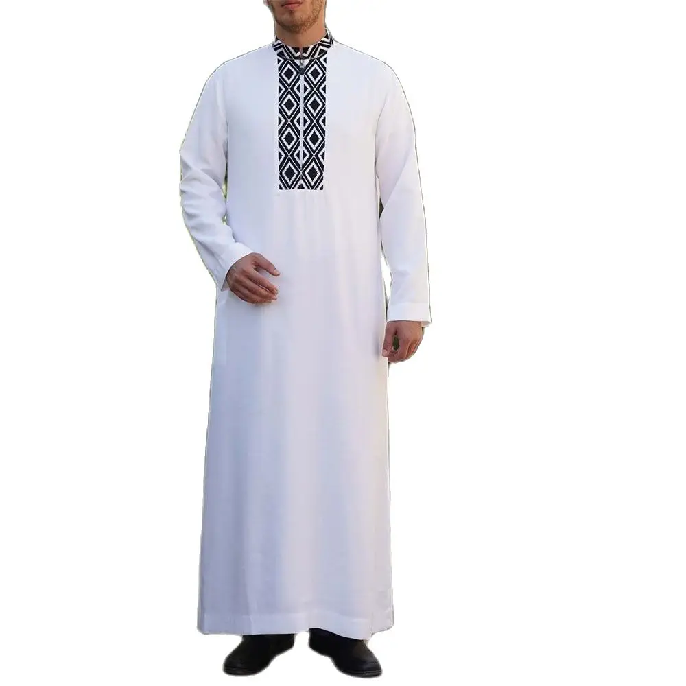 Muslim Fashion Men Clothes Jubba Thobe Islamic Men Clothing Arab Middle Eastern Kaftan White Printed Zipper Muslim Dress For Man