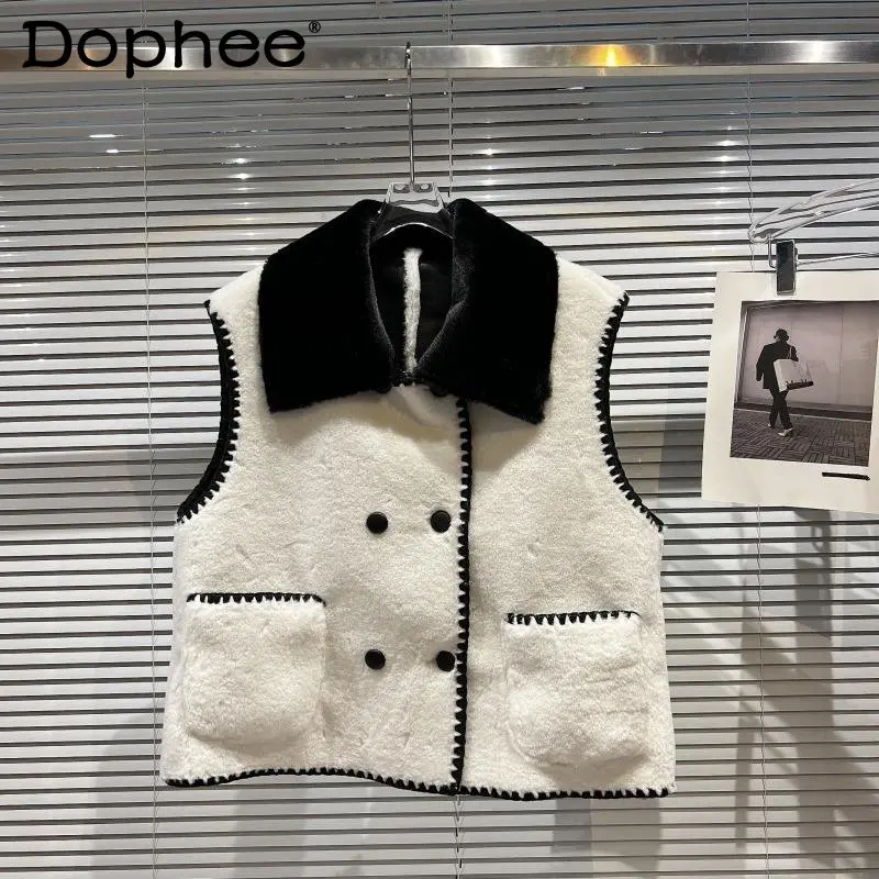 

2022 Winter New Arrivals Sleeveless Double Breasted Buttons Turn Down Collar Fleece Warm Vest Women