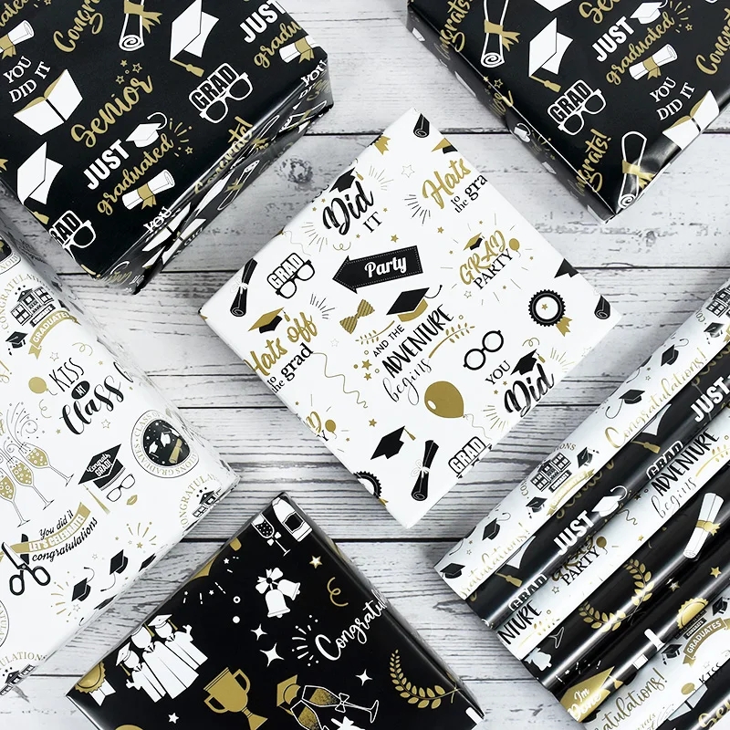 

50*70cm Graduation Party Gift Wrapping Paper Black White Gold Bachelor's Cap Pattern Wrapping Paper Congratulation Grad Decor