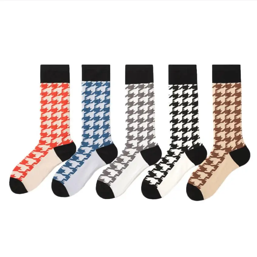 Cotton Houndstooth Crew Socks for Women 5 Pairs/ Lot Plaid Sock Striped Letters Print Knee-high Warm Thick Winter Socks