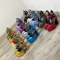 summer pointed toe patent leather roman sandals womens platform thick high heel sexy party candy color chunky pumps buckle 45