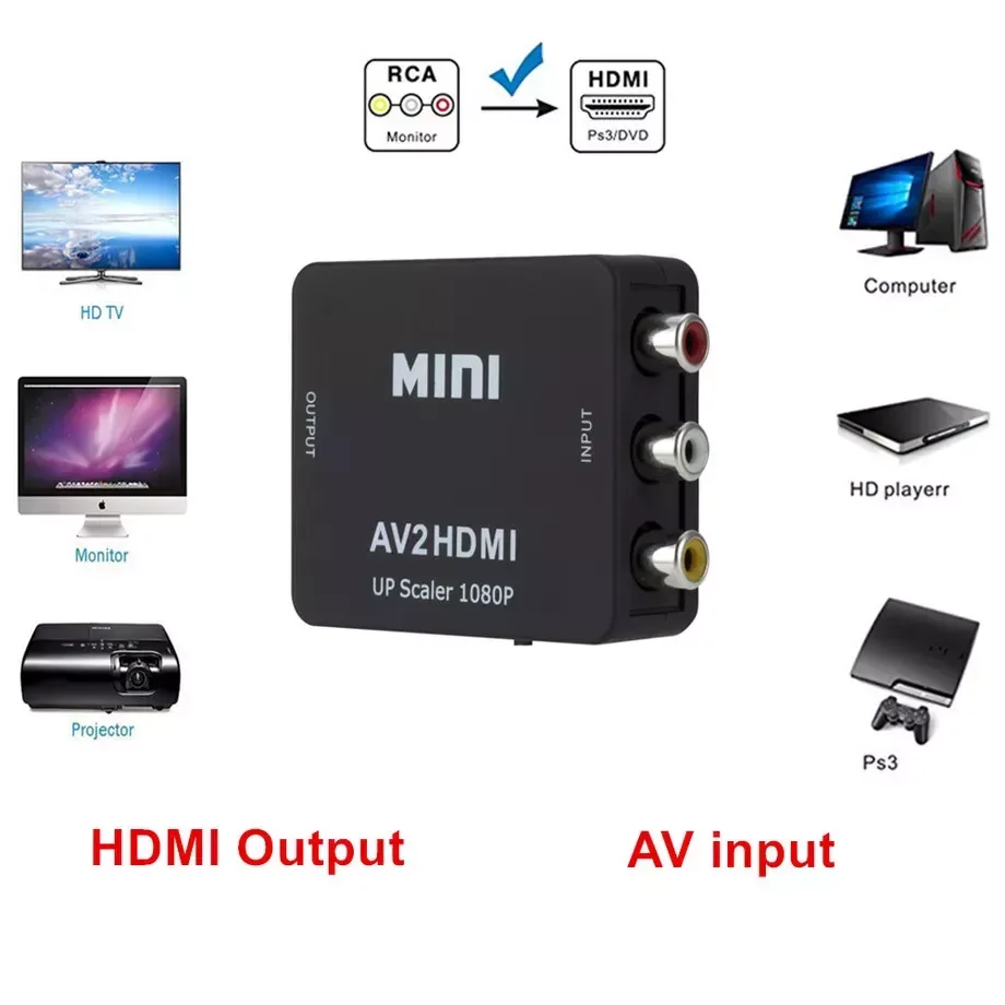 

NEW2023 RCA AV to HDMI Converter HD 1080P AV 2 HDMI Adapter For TV X box PS4 PC DVD Projector High Quality AV To HDMI Converter