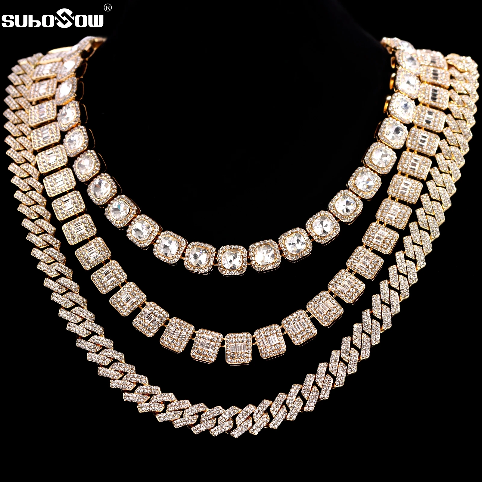 

Hip Hop Gold Silver Color Cuban Link Chain Square Crystal Necklace for Men Women Bling Iced Out Full Rhinestone Necklace Jewelry