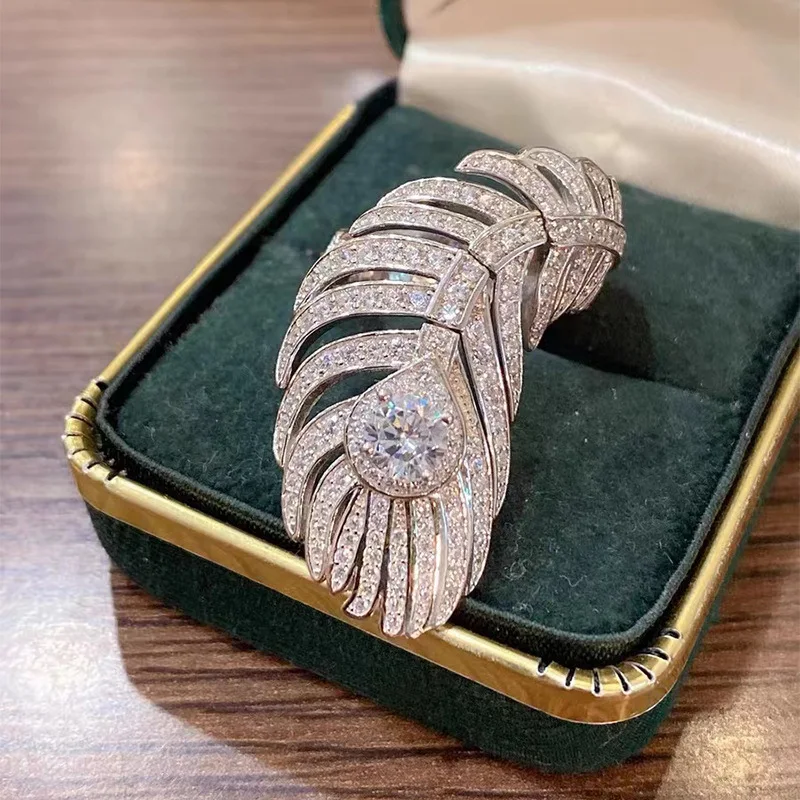 

MASA 2022 New Vintage Silver Color Feather Adjustable Opening Zircon Cacktial Rings for Woman Engagement Party Female Jewelry