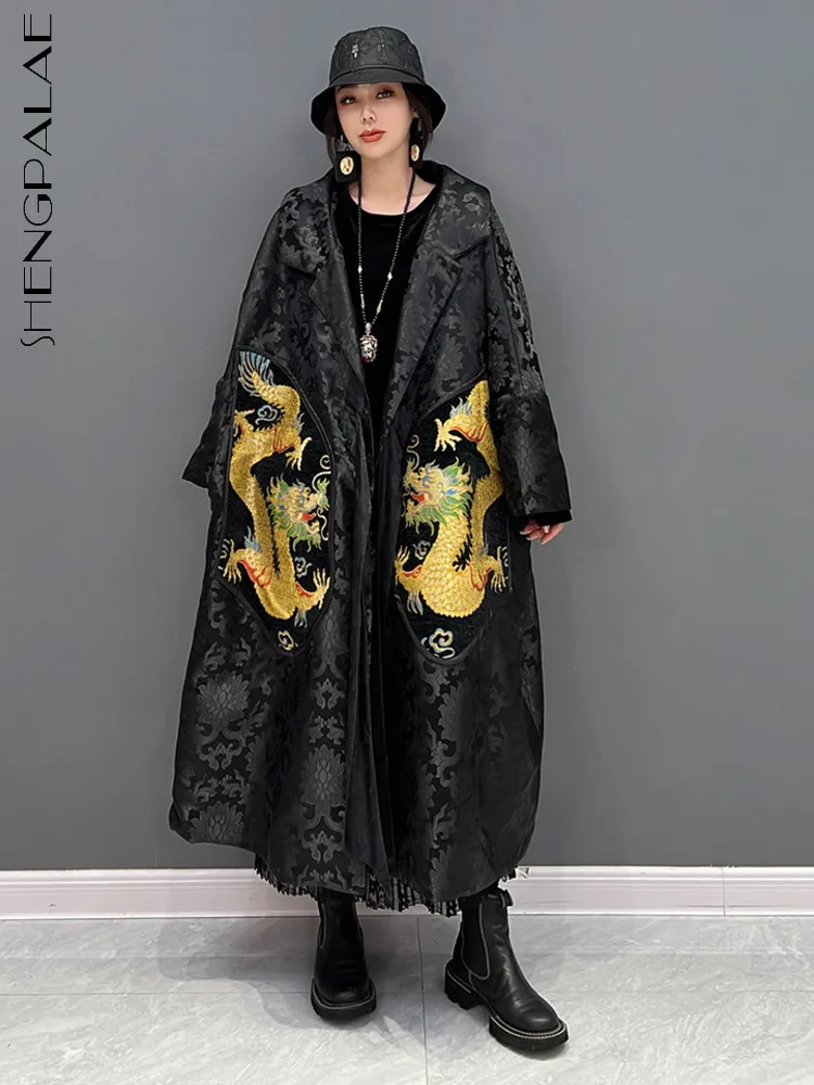 SHENGPALAE Lapel Trench Coat Loose High-quality Chinese Style Dragon Printing Cardigan Black Windbreaker Women 2023 Spring R1160