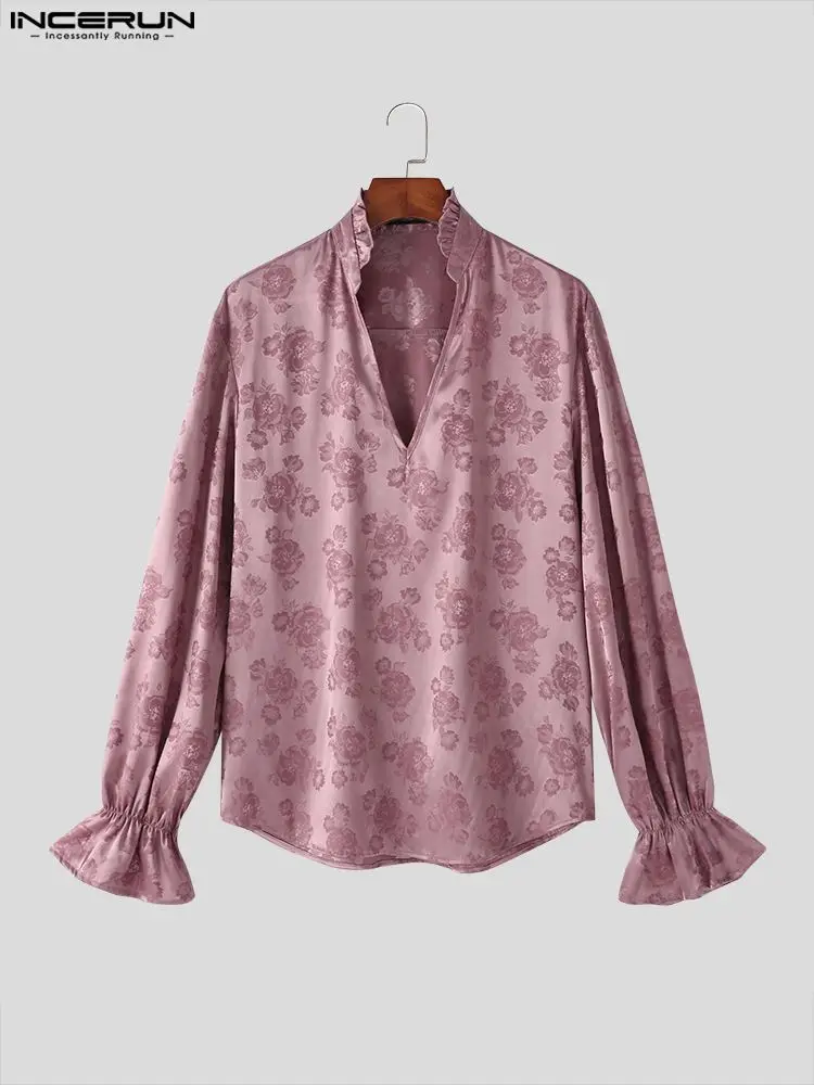 Casual Streetwear Style Tops 2022 INCERUN Men's Party Shows Hot Sale Blouse Male Satin Printing V-neck Long-sleeved Shirts S-5XL