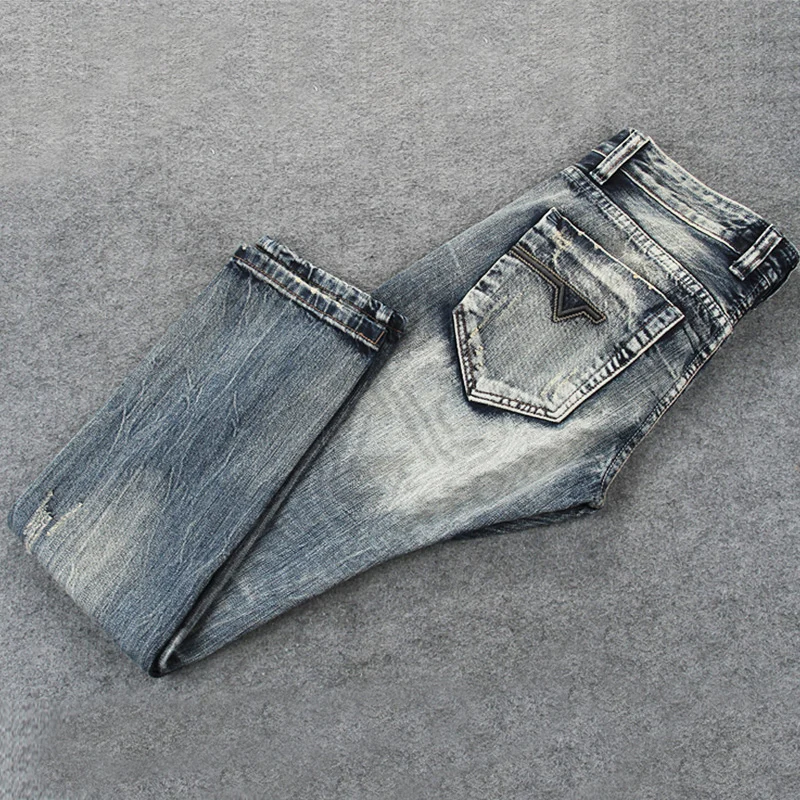 Fashion Vintage Men Jeans Retro Washed High Quality Slim Fit Hole Ripped Jeans Homme Embroidery Patched Designer Denim Pants Men