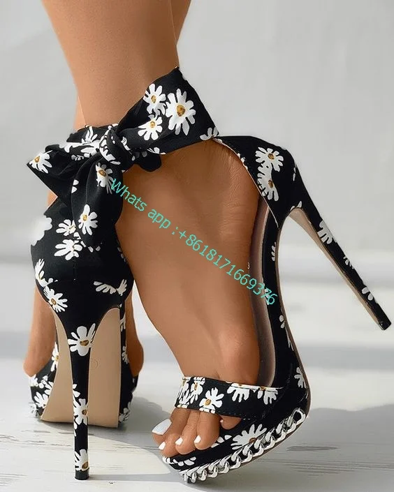 Stiletto Heels Floral Print Bowknot Decor Sandals 2022 Women Sexy Stiletto Heeled Sandals Cute Ladies Fashion Open Toe Shoes