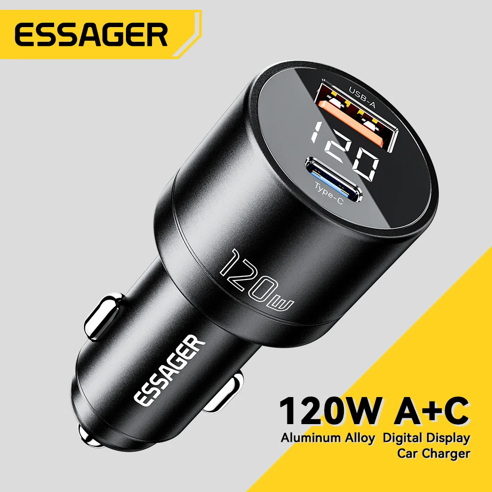 

Автомобильное зарядное устройство Essager 120 Вт PD, Супербыстрое зарядное устройство QC 4,0 PD 3,0 для iPhone 15 14 Samsung, зарядное устройство USB Type-C, портативное зарядное устройство для телефона