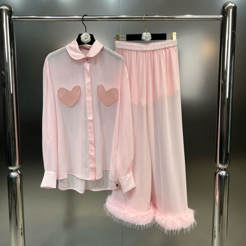

BORVEMAYS 2023 Autumn Lapel Long Sleeve Single-breasted Loose Shirt + Stretch High Waist Feather Wide Leg Pants Two-piece Sets