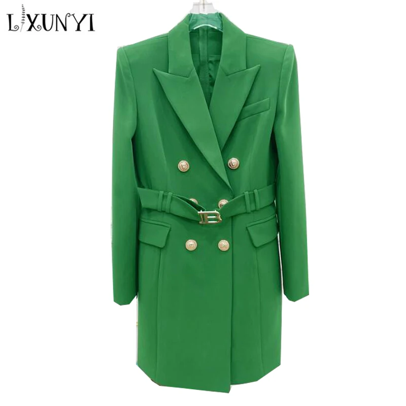 LXUNYI  High Quality Womens Blazer jacket 2022 Spring Fall Coat Fashion Double Breasted Long Design Metal Button Blazers Belt