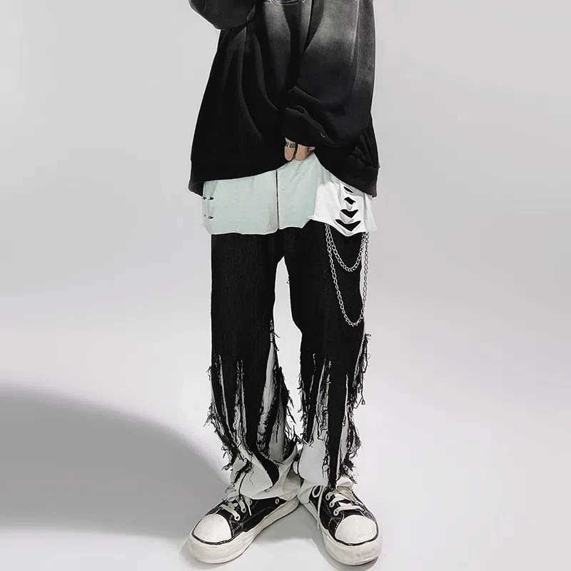 

Y2k Streetwear Baggy Boyfriend Jeans For Women Men Unisex Tassel Stitching Wide Leg Straight Black Denim Trouser Man Femme