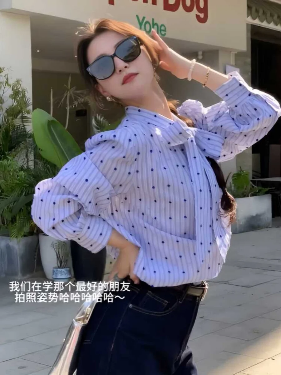 French sle Blue Shirts Women 2024 Autumn New Design Sense Bow Lace-up Polka Dot Shirt Stripe Top