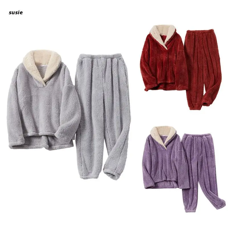 

Winter Warm Women Flannel Pajamas Set Fuzzy Lapel Collar Pullover Top and Pants