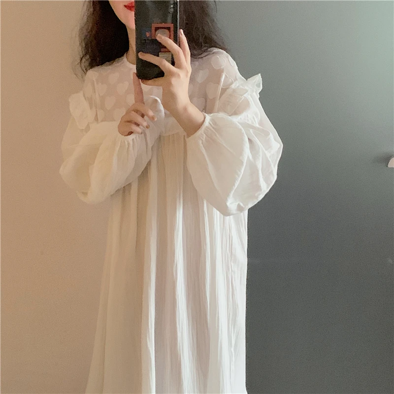 100% Cotton White Nightgown Heart Ruffles Long Sleeve Kawaii Night Dress Loose Autumn Long Sleepwear Casual Elegant Ins