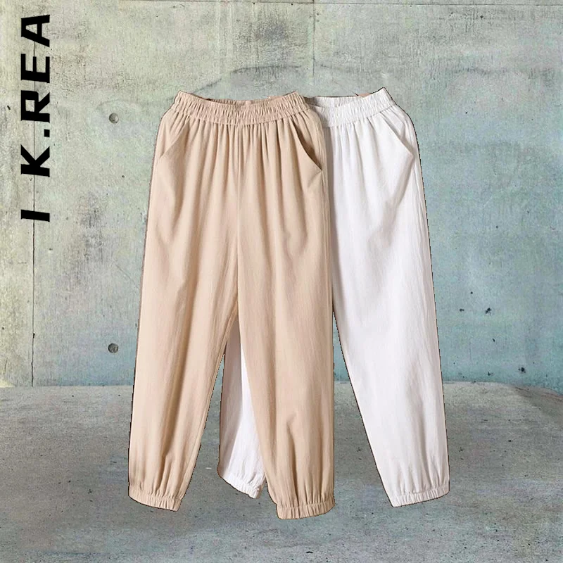 

I K.Rea Women New Pants Trousers Soft Korean Women Trousers Elastic Waist Cotton Linen Pants Chic Vintage Female Clothes