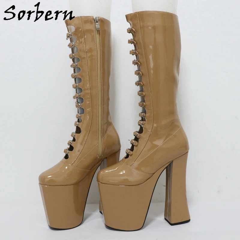 

Sorbern Khaki Patent Knee High Boots Women Fetish Block High Heel 17Cm Chunky Heeled Gladiator Style Buckles Zip Up Custom