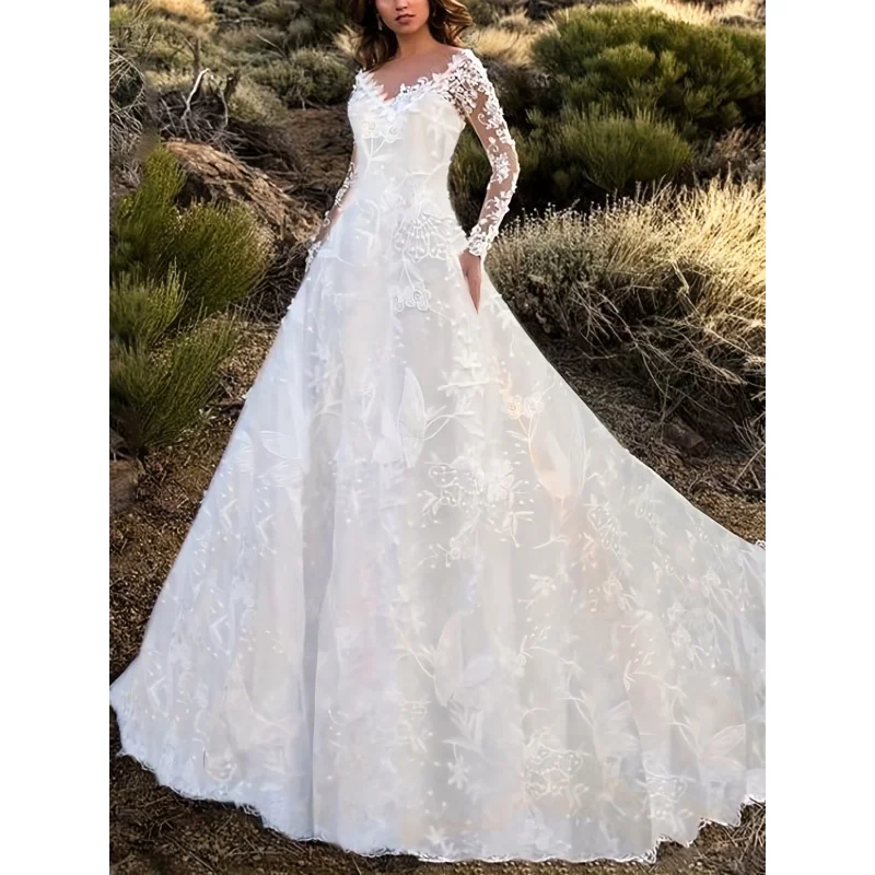 

Кружевное свадебное платье до пола, Элегантное свадебное платье с V-образным вырезом, длинным рукавом и открытой спиной, женская одежда