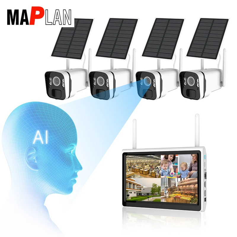 

MAPLAN solar 2022 Cheap 4 8 Channel NVR Kit With LCD Monitor 1080P 4MP IP66 CCTV NVR H.265 Wireless Wifi Security IP Camera