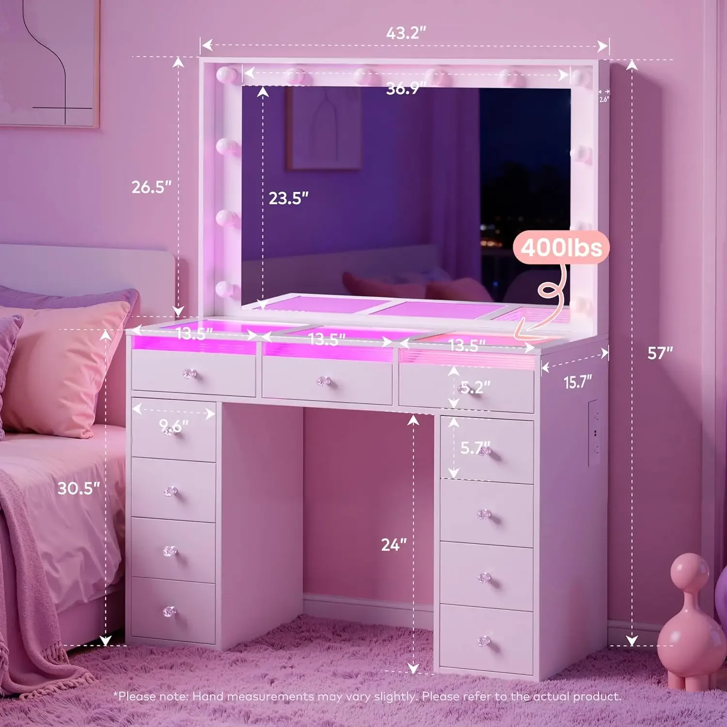 Фото Туалетный столик с RGB-подсветкой и большим зеркалом 36,9 дюйма, 11 ящиков, стеклянная столешница и 3-цветные голливудские лампы, для макияжа №2