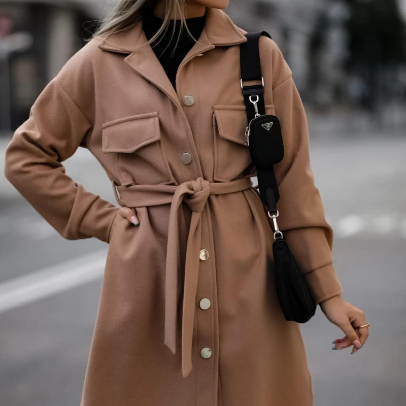 

2022 autumn and winter new women's fashion solid color mid-length lapel tie long-sleeved wool trendy women's coat