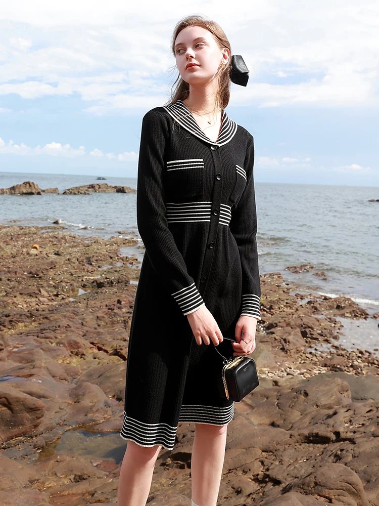 

Vintage Sailor Collar Knitting Striped Long Sleeve Women Knitted Dresses Elegant Button Casual Sweater Midi Dress Spring 2023