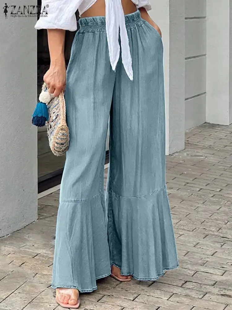 

Fashion Solid Maxi Flare Trousers 2022 Summer Denim Blue Pantalon ZANZEA Women Wide Leg Pants Casual Holiday Retro Long Palazzo