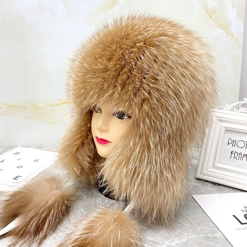 New Fluffy Soviet Hat Real Fox Fur Hats For Woman Winter Octopus Bomber Earflap Knitted Ball Fashionable Flap Cap Mongolian Hat