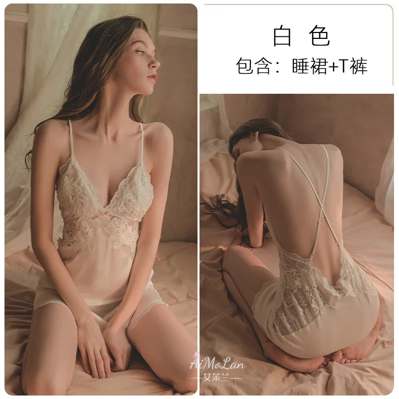 Sexy pajamas Women Elegant with chest pad ice silk Nightdress temptation beautiful back lace sling nightgown Female Lingerie