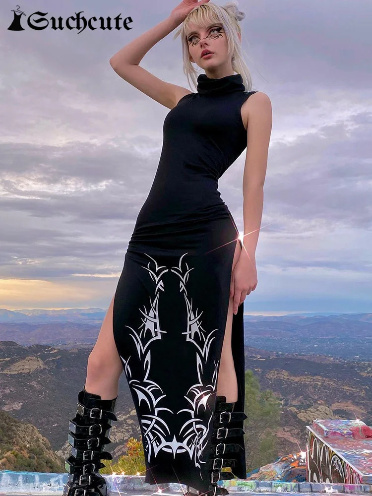 

Gothic Print Midi Dress For Women Summer Turtleneck Dark Academia Fashion Long Dress Harajuku Sleeveless Black Dresses