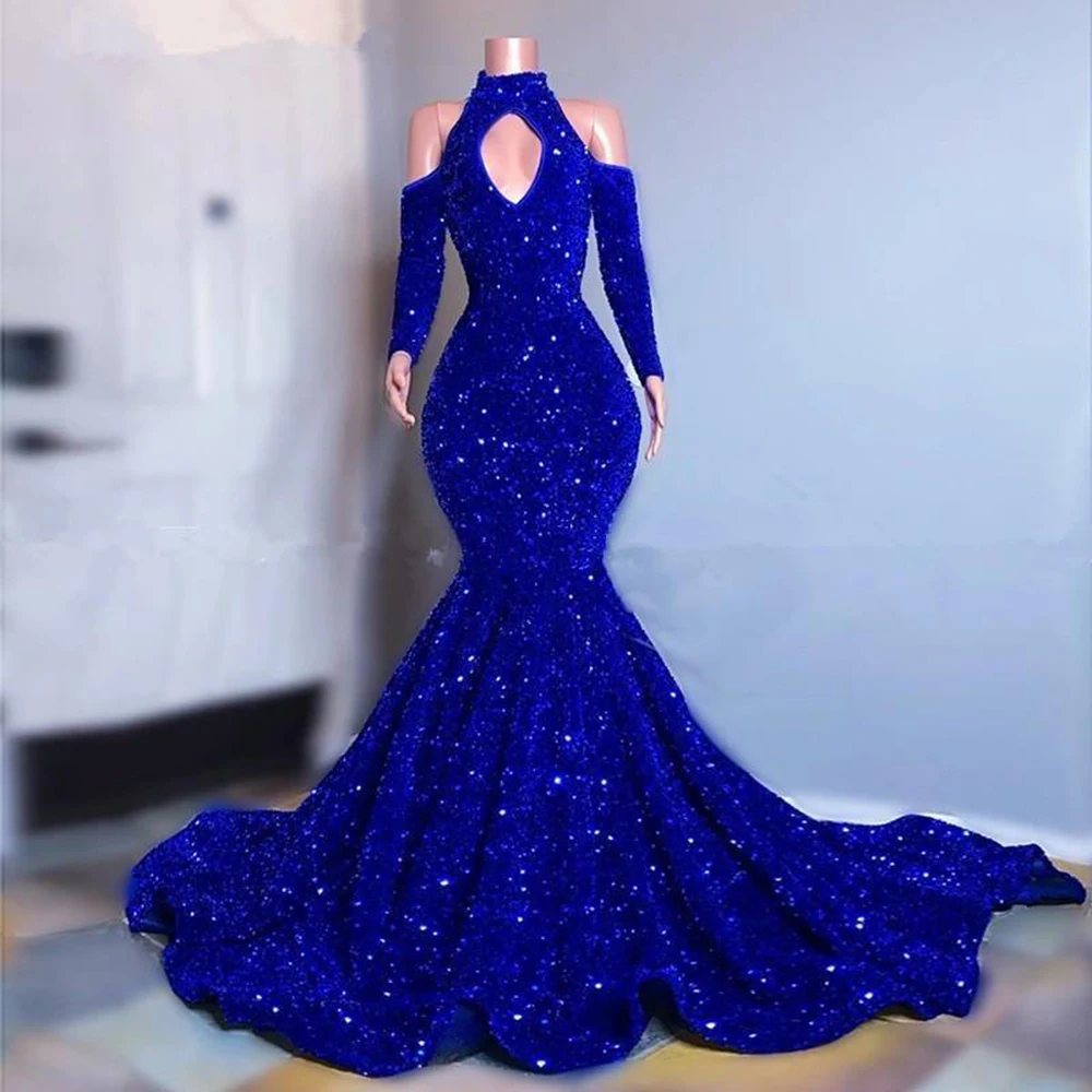 

Royal Blue Sparkly Sequins Prom Dresses Long Sleeves Mermaid Evening Gowns 2022 Elegant Off Shoulder Women Formal Dress
