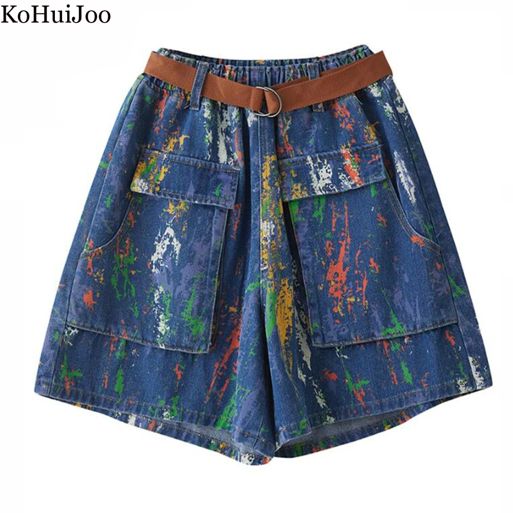

KoHuiJoo Jean Shorts Women Summer 2022 Fashion Printed Casual Printing Denim Shorts Women Wide Leg Loose Jeans Elastic Waist