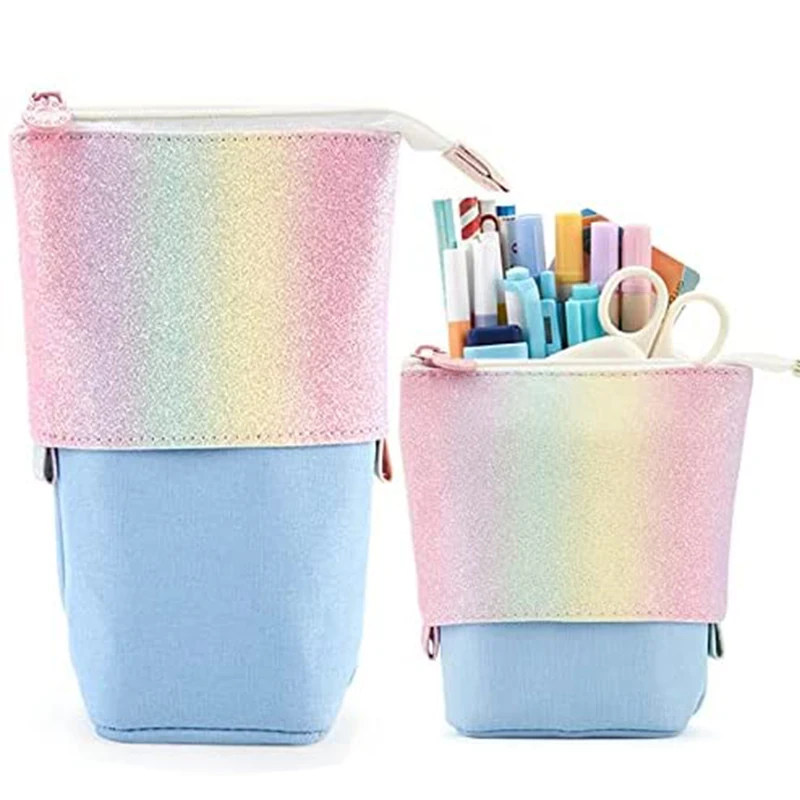 

Rainbow Pencil Telescopic Holder Stationery Case, PU Corduroy Stand-up Retractable Transformer Bag Colorful Organizer