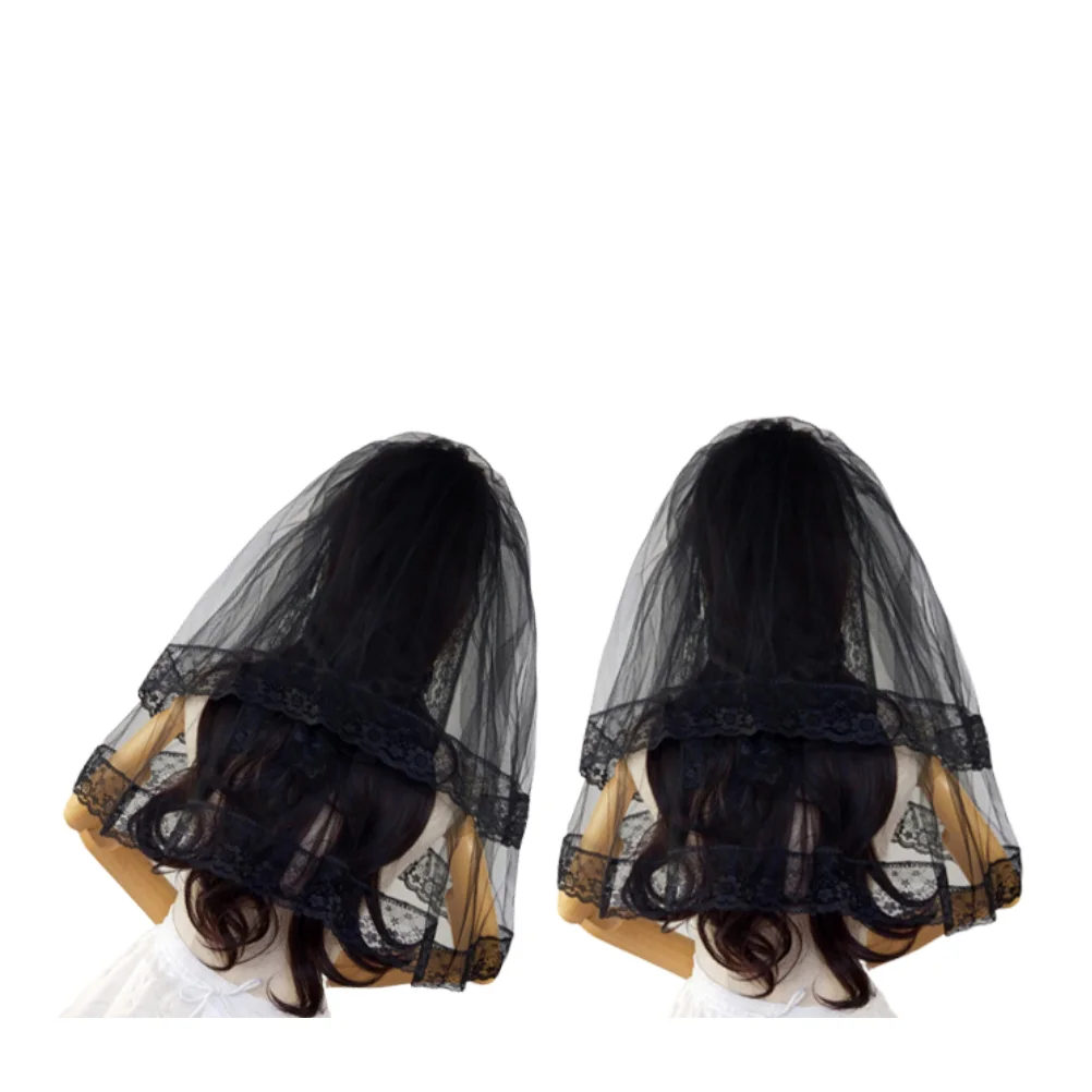

60cm Double Layer Black Lace Veil Short Cosplay Bridal Wedding Veil Hair Accessories with Hair Comb for Photography Party