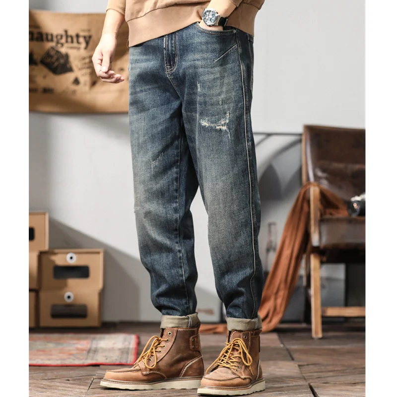 Men Clothing Autumn and Winter New Straight Loose Cylinder Jeans Vintage Chaopai Comfortable Blue Large Harun Trousers Female