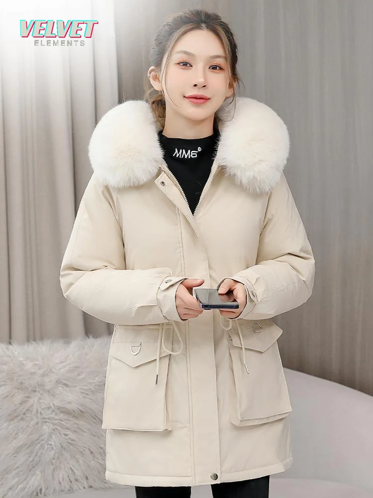 VelvetElements 2023 New Winter Fur Hooded Long Sleeve Jacket Women Solid Cotton-padded Warm Loose Parkas Coat Fashion Outwear